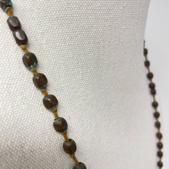 Brass Hollow Bead Necklace Long Length Patina Boho Vintage Hippie - Picture 6 of 10